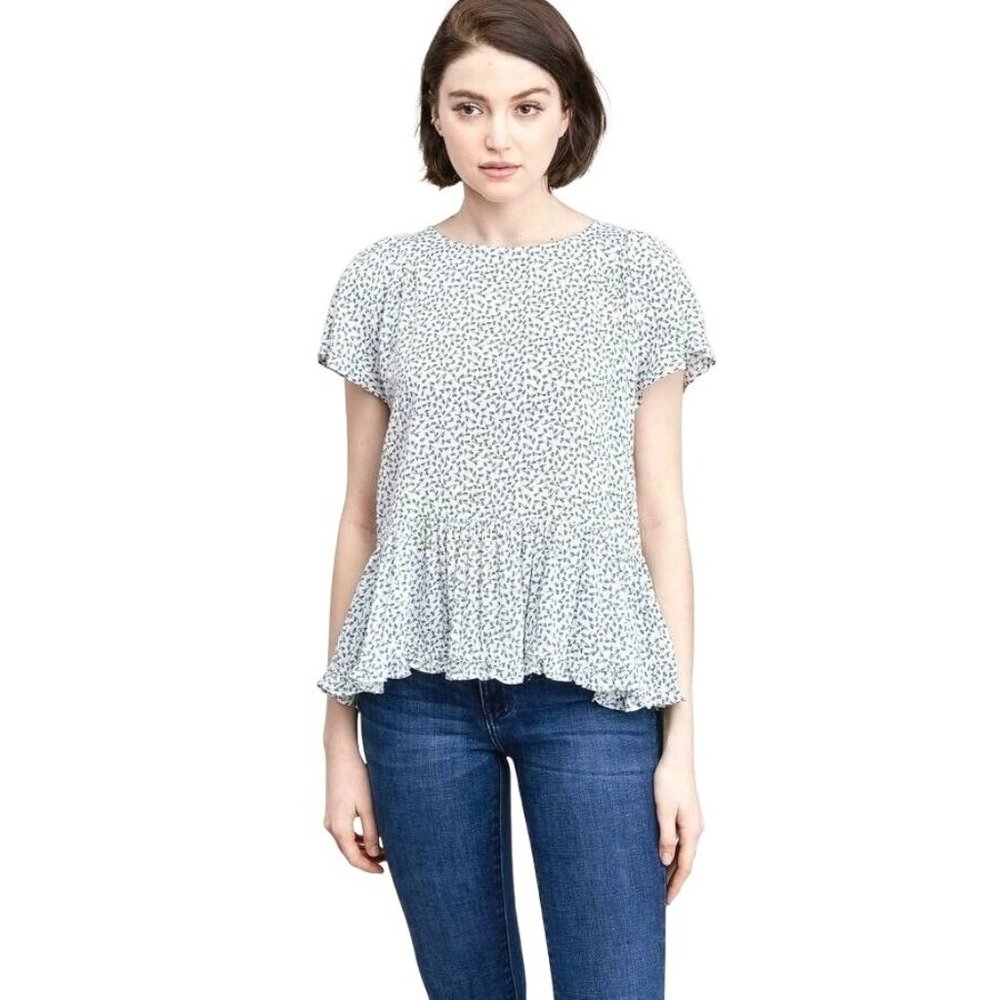 Arrays Ivory Floral Peplum Blouse S Short Sleeve Lightweight Polyester NEW